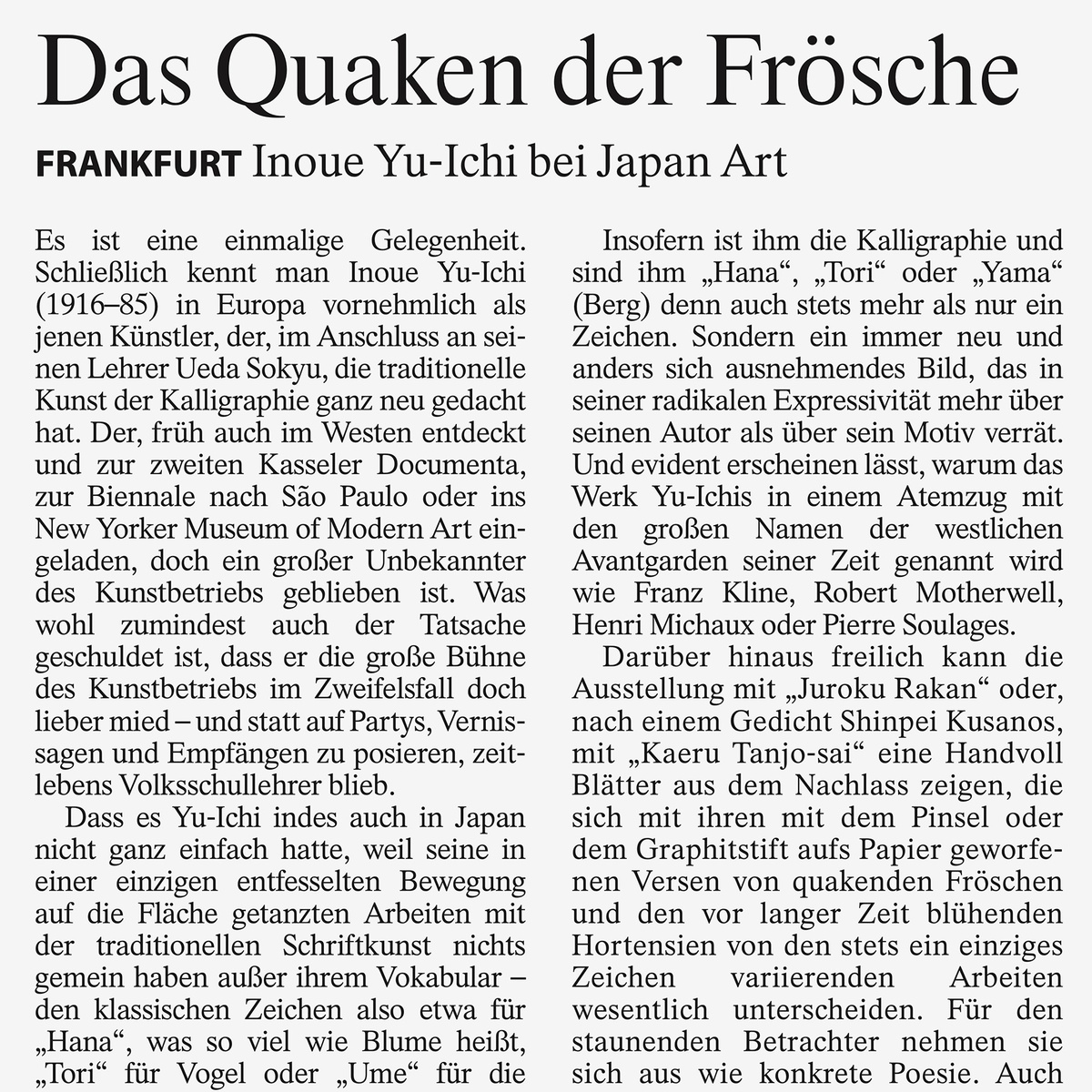 Artikel in der F.A.Z. Rhein-Main-Zeitung: Das Quaken der Frösche. Inoue Yu-Ichi bei Japan Art