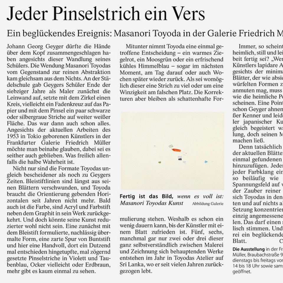 Newspaper article in the F.A.Z. Rhein-Main-Zeitung about the exhibition of Masanori Toyoda at Galerie Friedrich Müller